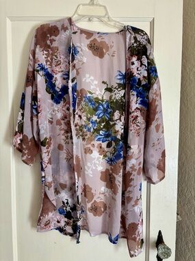 Floral Sheer Kimono Cover-Up in Blush with Blue Blooms